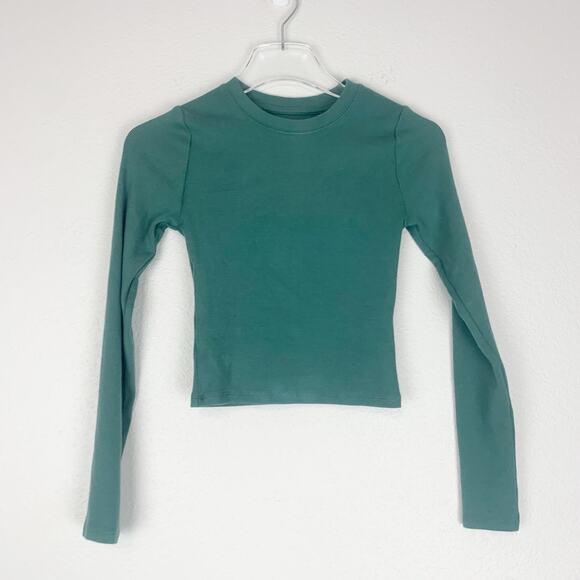 Abercrombie & Fitch Shirt Womens XS Soft A&F Rib Crop Long Sleeves Crewneck Teal - Picture 1 of 6